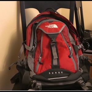North Face surge backpack red gray